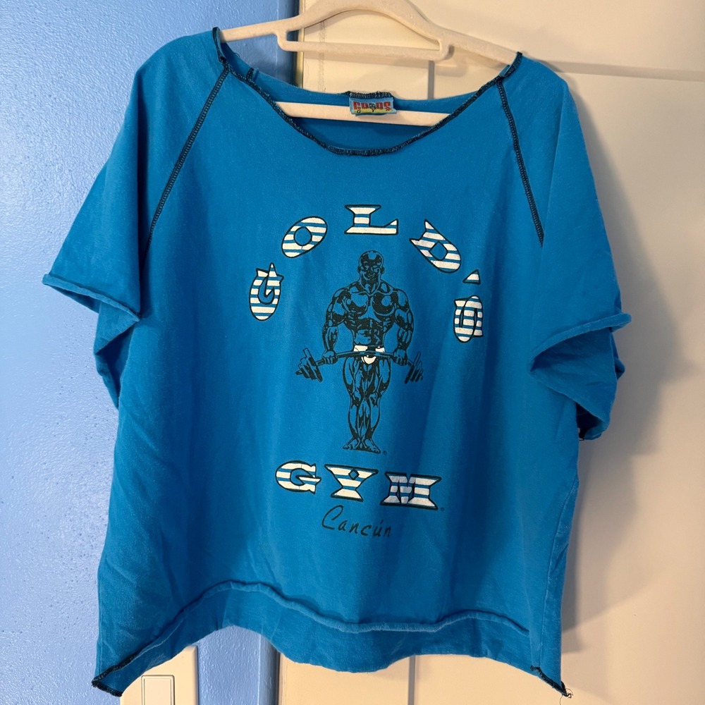 Vintage Golds Gym Cancun Blue Cropped Oversized Graphic T-Shirt Medium USA Made